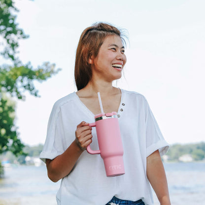 RTIC 40 oz Ceramic Lined Road Trip Tumbler with Handle and Leak-Resistant Straw Lid, Berry Jam