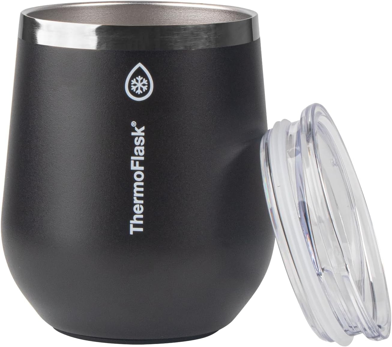 ThermoFlask Drinkware Collection - 12 oz Insulated Wine Tumbler with Leakproof Push N Sip Lid, Jet Black