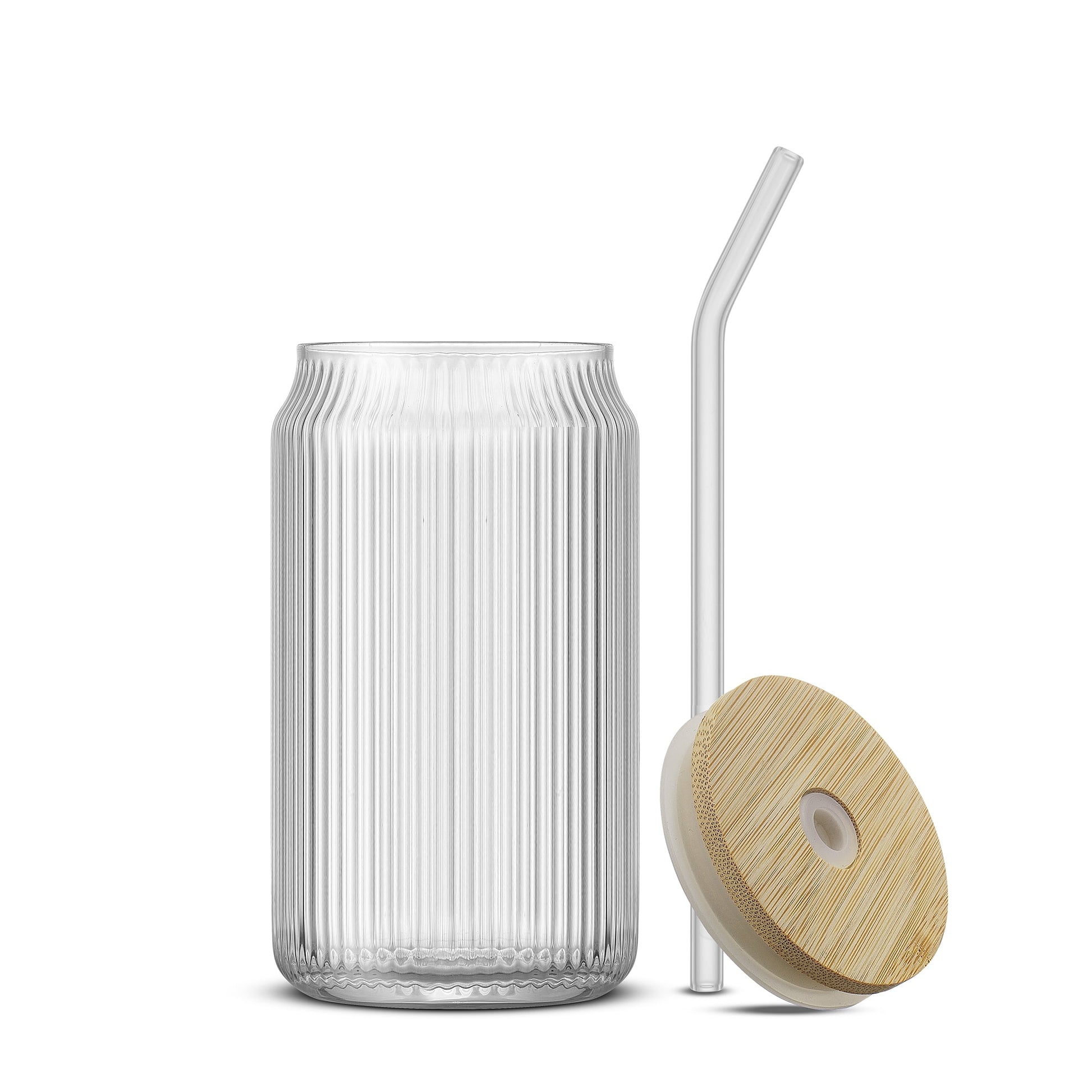Fluted Glass Tumblers with Bamboo Lids and Straws - 16 oz - Set of 4