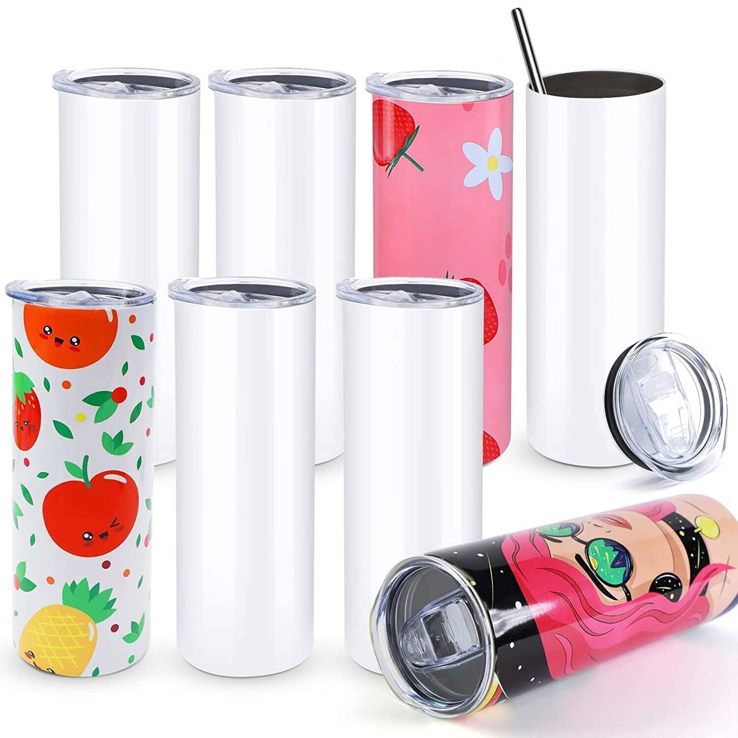 HTVRONT 8 Pack Sublimation Tumblers - Sublimation Blanks Tumbler 20 OZ Skinny - Stainless Steel Sublimation Tumblers with Box, Paper and Straw
