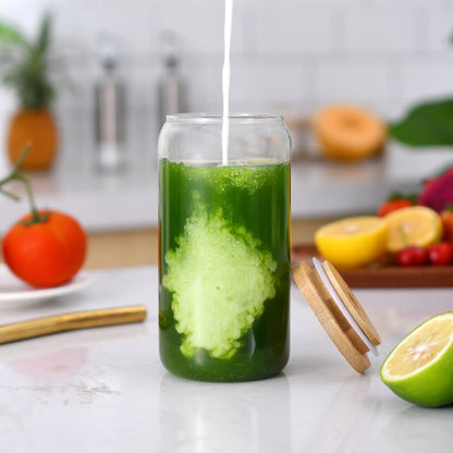 4 Pcs Drinking Glasses  with Bamboo Lids and Stainless Steel Straws - 16 oz Can Shaped Glasses, Lovely Tumbler Cups for Cocktails, Beer, Iced Coffee, Soda, Boba Tea, Including 1 Cleaning Brushe.