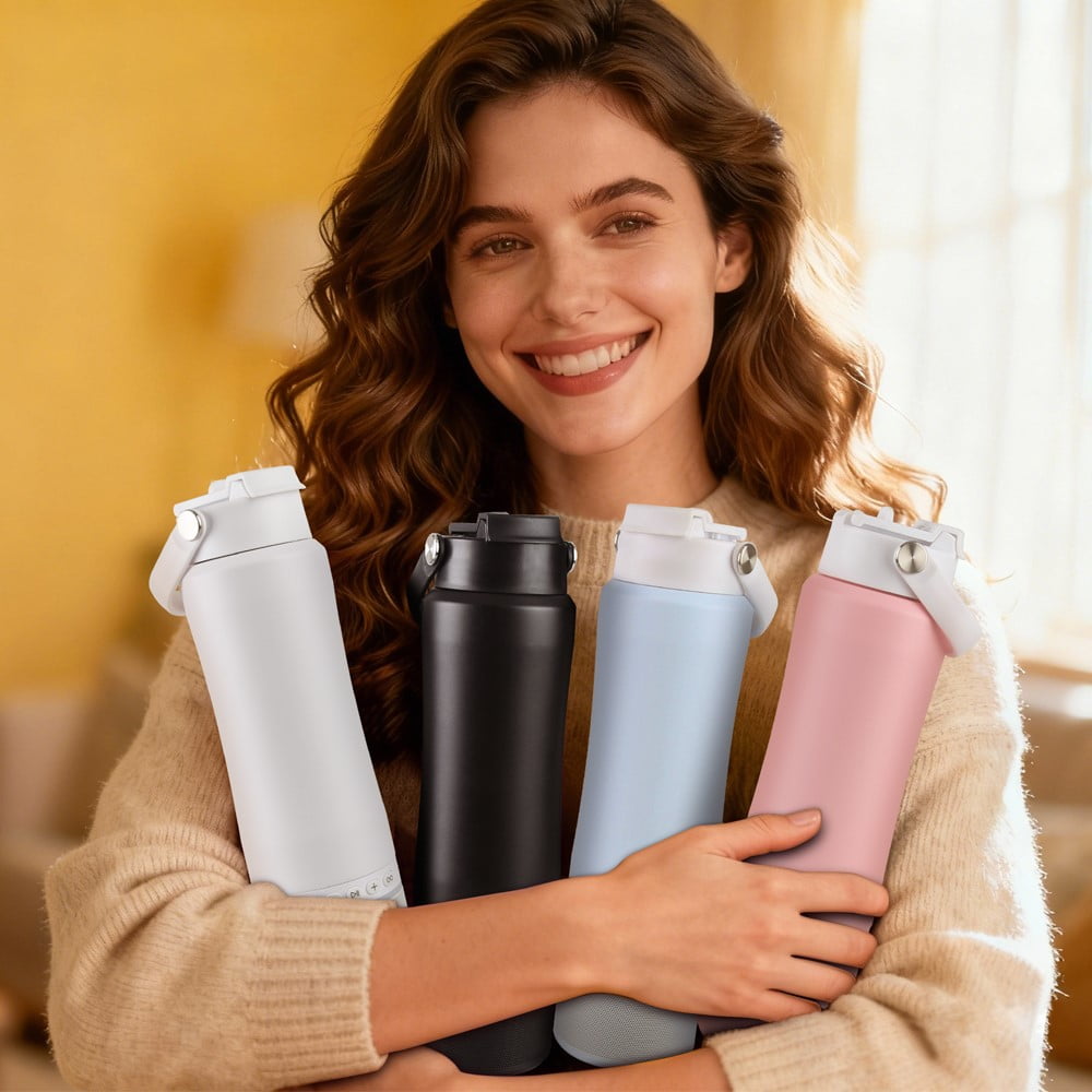 MYONAZ Insulated Water Bottle Bluetooth Speaker 2-in-1 18oz Stainless Steel Tumbler with Portable Speaker Ideal for Outdoor, School and Family Activities（Pink）