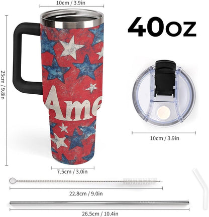 40 Oz Tumbler with Handle And Straw Red, White, And Blue America Stars Leak-proof Travel Coffee Mug Stainless Steel Insulated Cup Memorial Day Patriotic Gifts for Women & Men