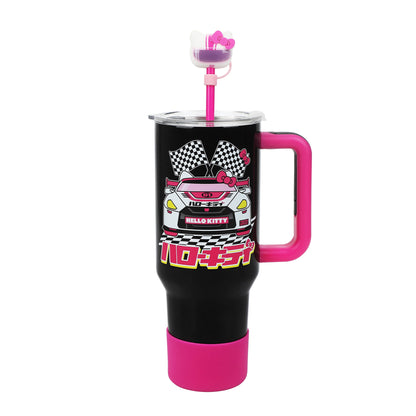 Bioworld Hello Kitty Race Car Vacuum Insulated 40 Oz. Black & Pink Stainless Steel Tumbler with Leak-Proof Lid & Easy Carry Handle for Travel or Home