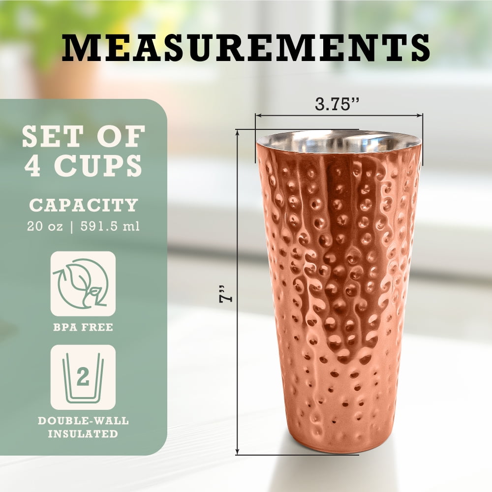 Inspired Living Stainless Steel Tumblers, Double-Wall Insulated Tumblers, Copper Finish, 20 oz, 4-Pack