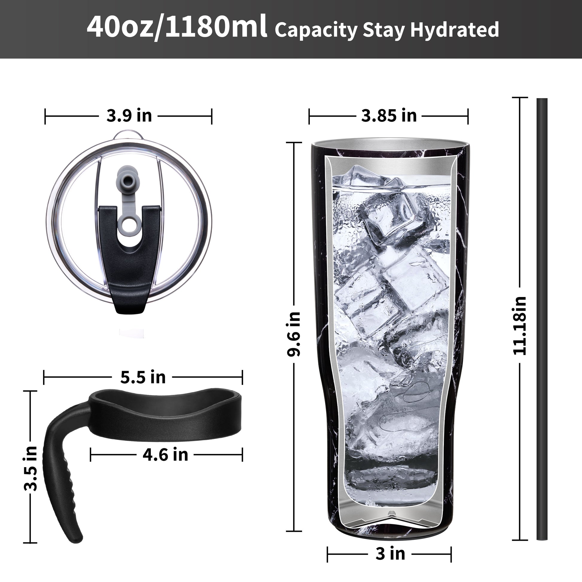 Stainless Steel Vacuum Insulated Tumbler - THILY 40 oz Coffee Travel Mug with Handle and Lids, Reusable, Sweat Proof, Keep Drinks Cold for 34 Hours or Hot for 12 Hours, BPA Free, Black Marble
