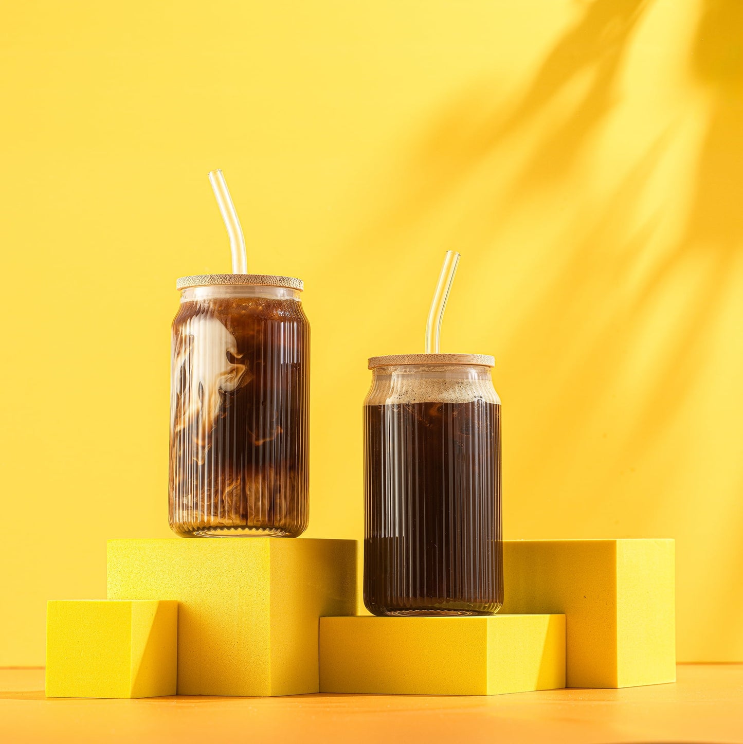 Fluted Glass Tumblers with Bamboo Lids and Straws - 16 oz - Set of 4