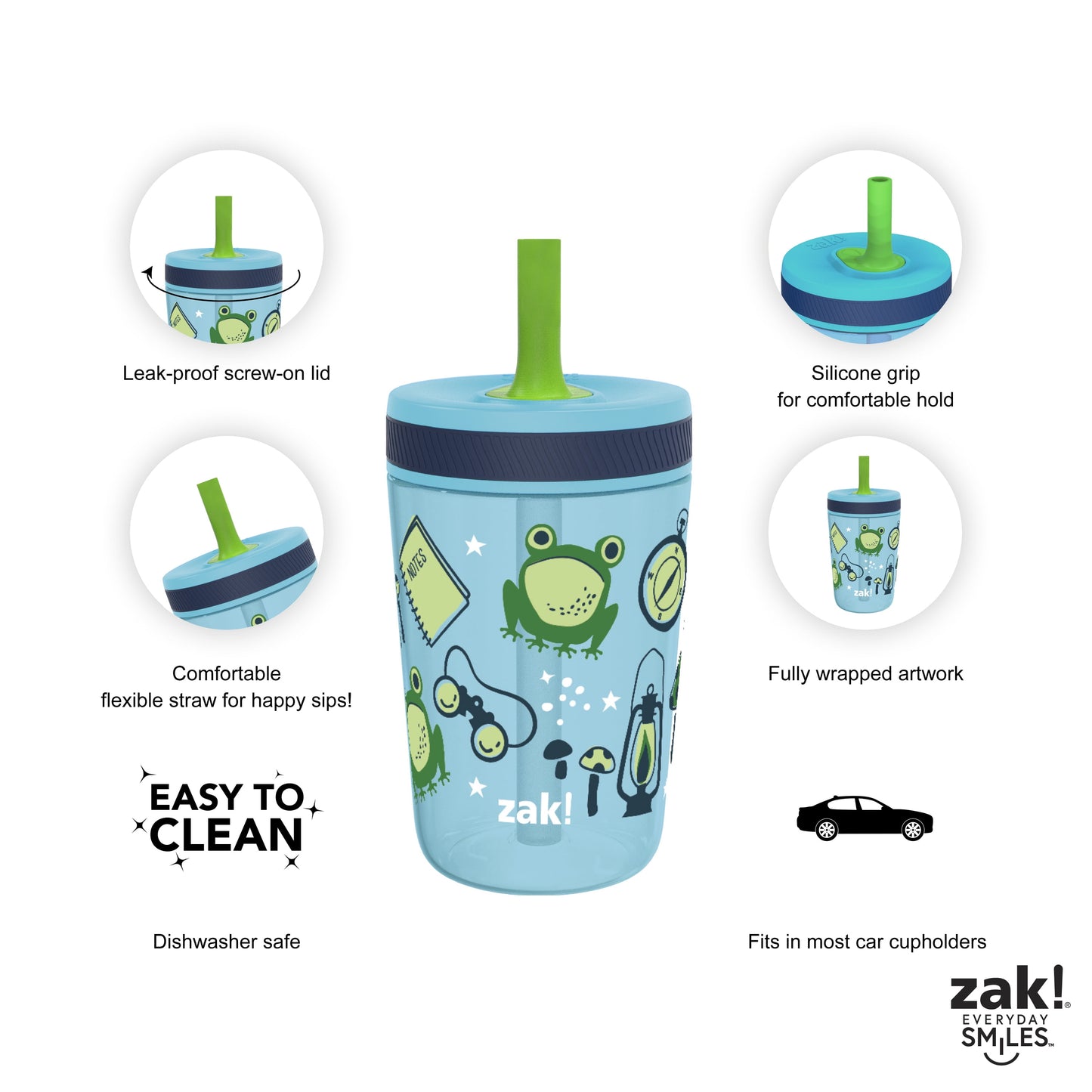 Zak Designs 12oz and 15oz Kelso Straw Tumbler Set, 12oz Stainless Steel and 15oz Plastic, 2 Cups and 1 Bonus Straw, Leakproof and Perfect for Kids, Campout and Camping