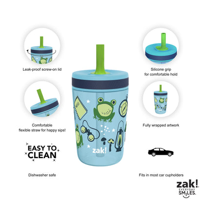 Zak Designs 12oz and 15oz Kelso Straw Tumbler Set, 12oz Stainless Steel and 15oz Plastic, 2 Cups and 1 Bonus Straw, Leakproof and Perfect for Kids, Campout and Camping