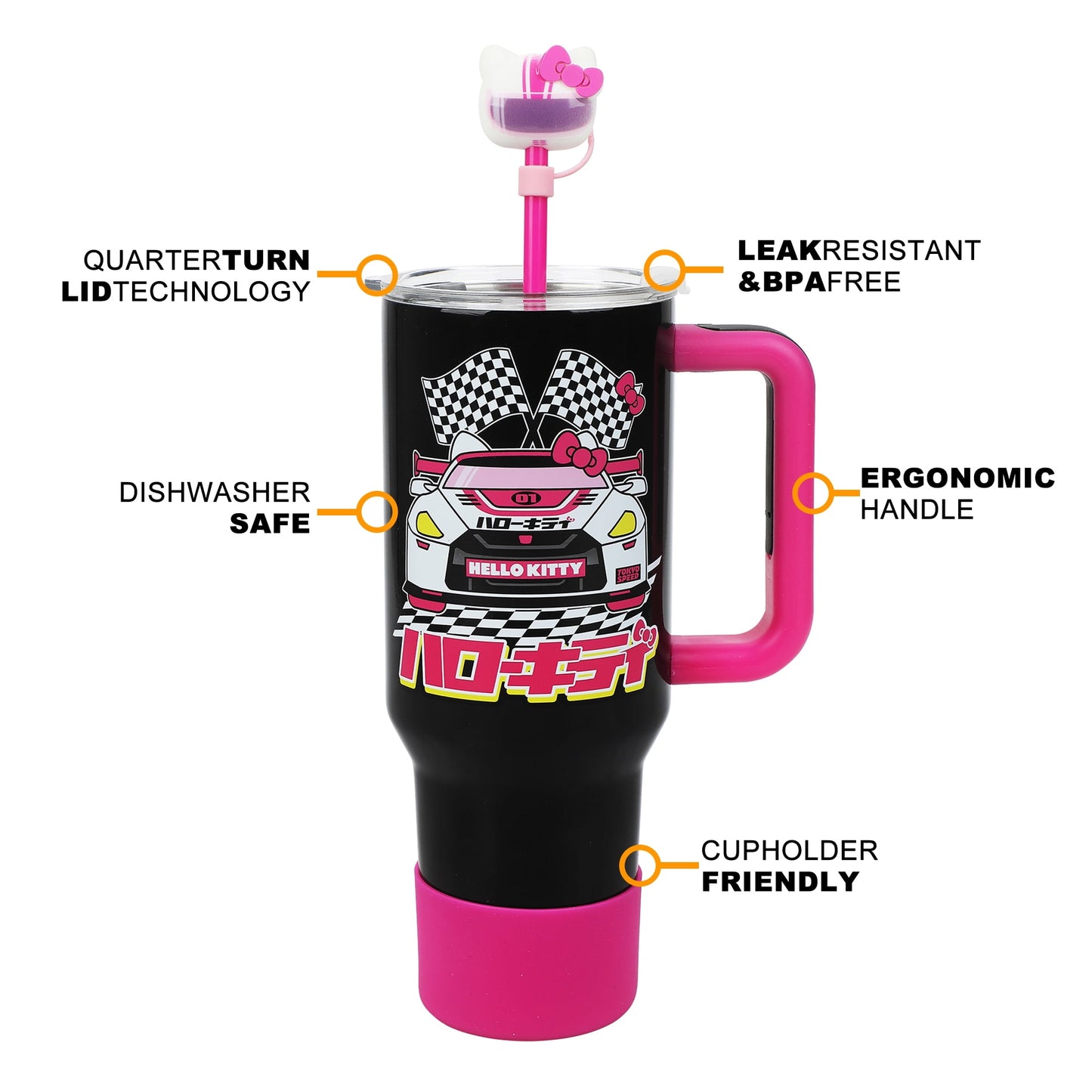 Bioworld Hello Kitty Race Car Vacuum Insulated 40 Oz. Black & Pink Stainless Steel Tumbler with Leak-Proof Lid & Easy Carry Handle for Travel or Home