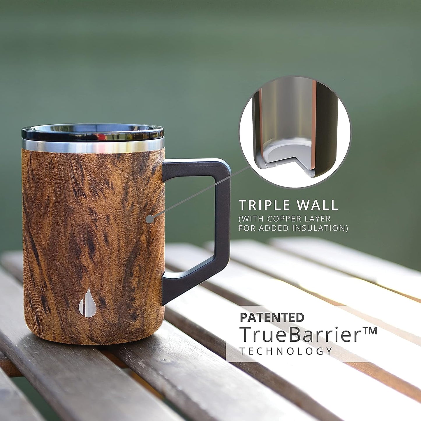 Elemental Summit Insulated Coffee Mug with Lid & Handle, Insulated Vacuum Camp Coffee Cup, Triple Wall Stainless Steel Travel Mug, Hot and Cold Thermal Coffee Tumbler, 16oz - Teakwood