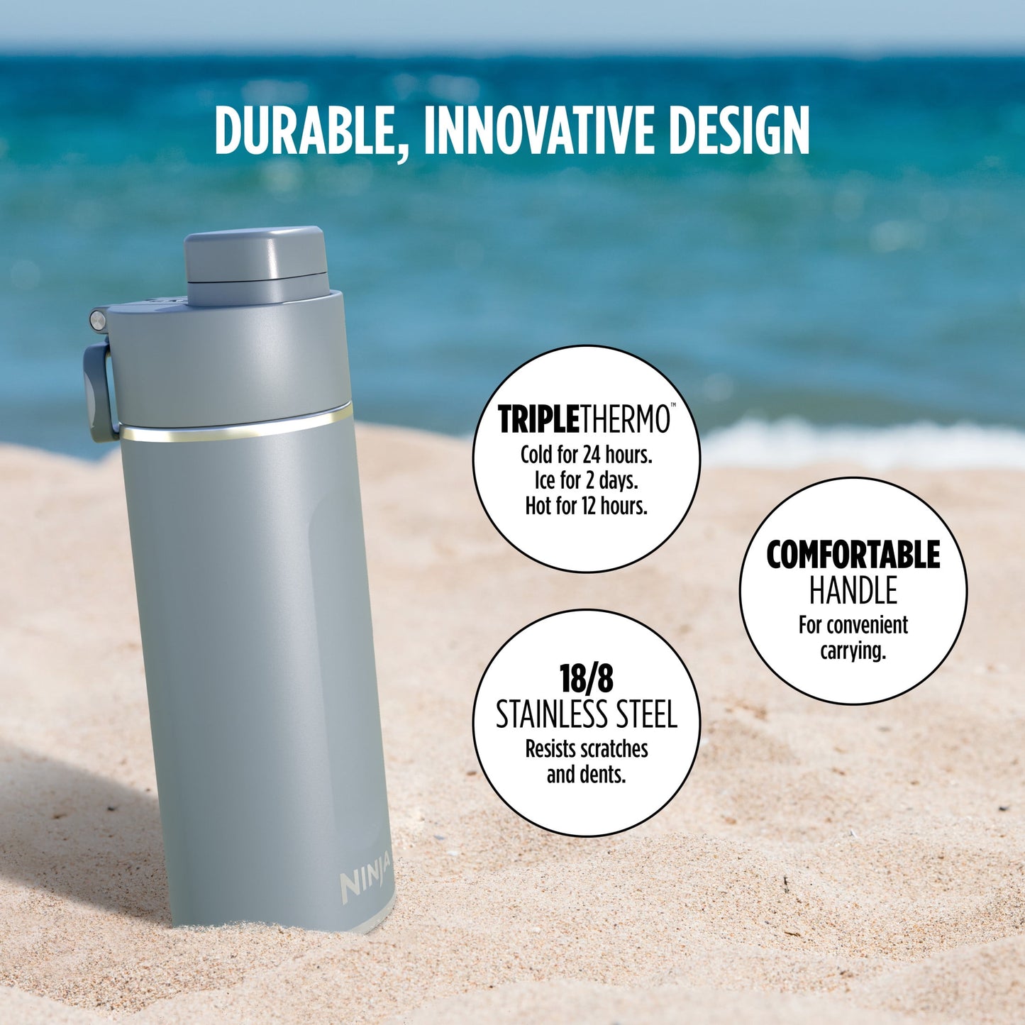 (2 pack) Ninja Thirsti 24 oz Travel Water Bottle, Stainless Steel, Leak Proof, 24 Hours Cold, Ash Gray