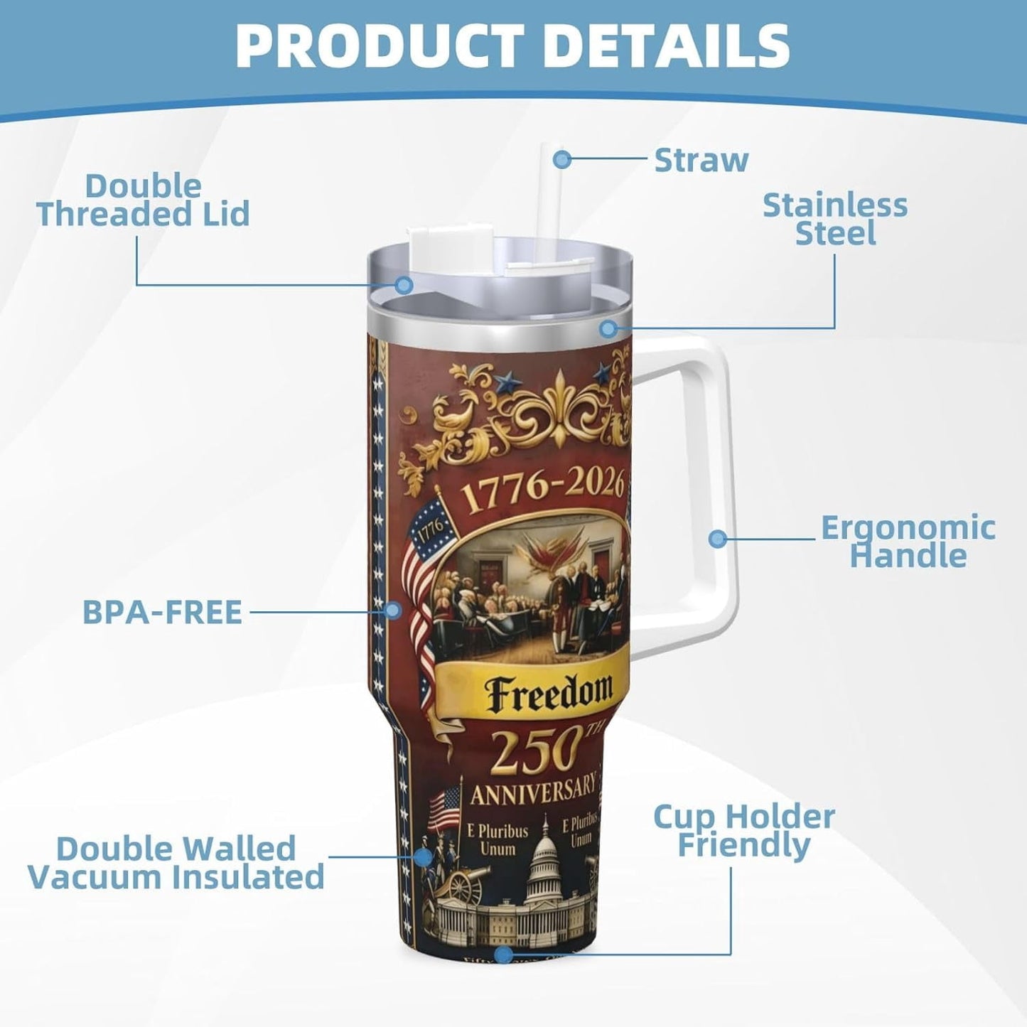 US250th Anniversary Commemorative Insulated Travel Mug with Handle and Straw, 1776-2026 Design, Stainless Steel Tumbler with Lid