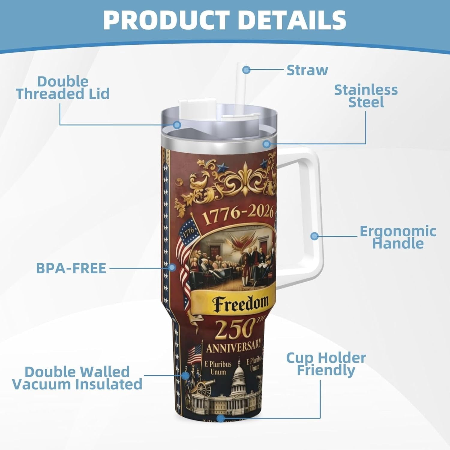 US250th Anniversary Commemorative Insulated Travel Mug with Handle and Straw, 1776-2026 Design, Stainless Steel Tumbler with Lid