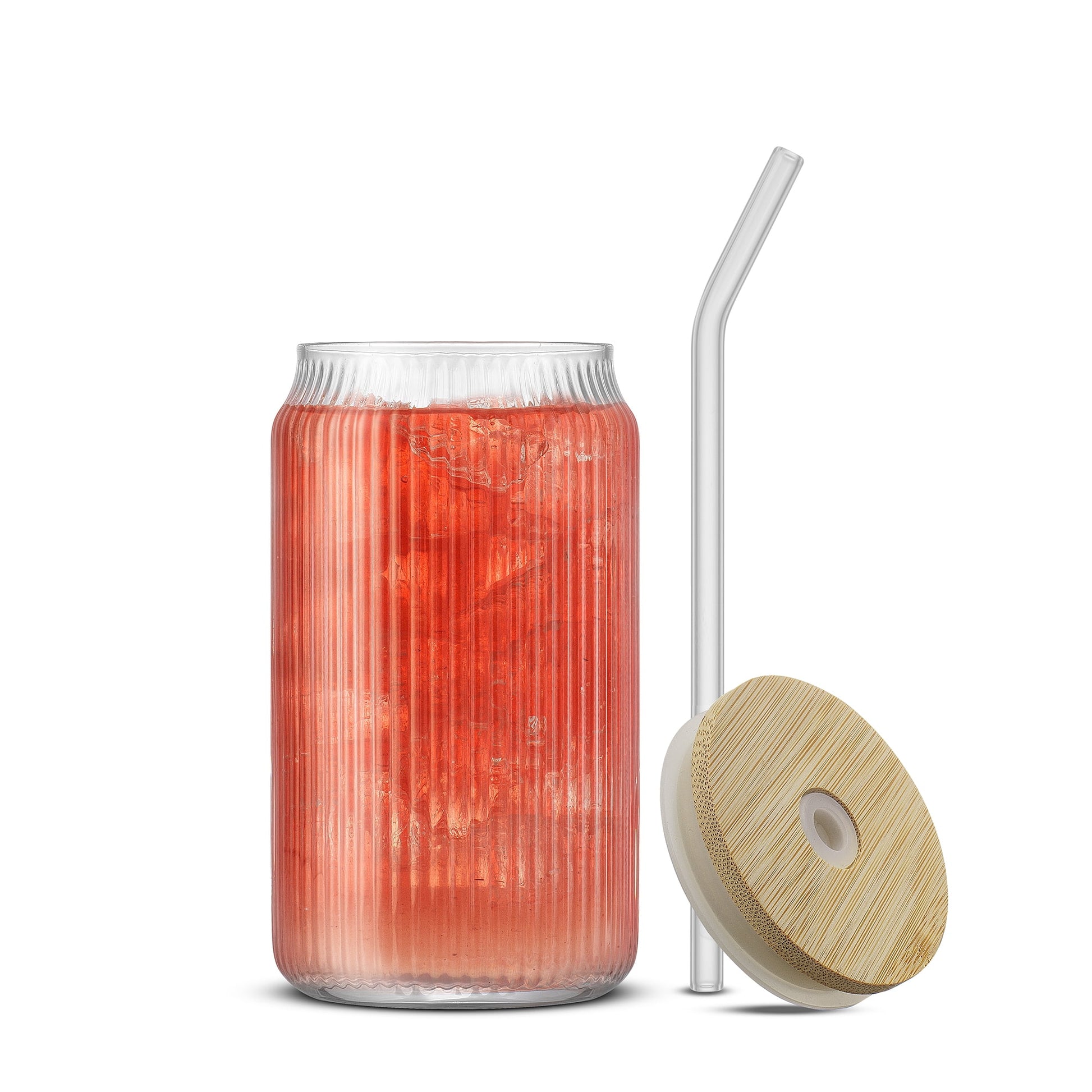 Fluted Glass Tumblers with Bamboo Lids and Straws - 16 oz - Set of 4