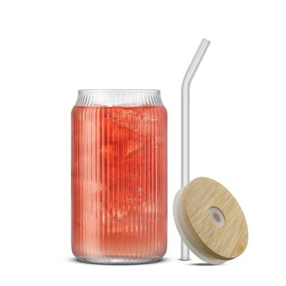 Fluted Glass Tumblers with Bamboo Lids and Straws - 16 oz - Set of 4
