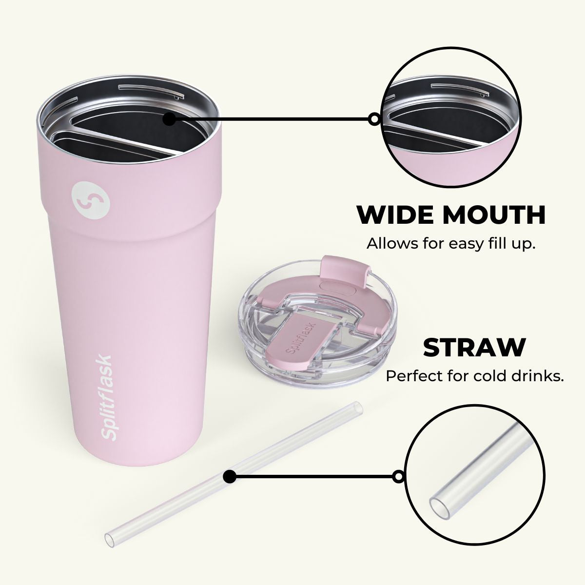 Splitflask 2-in-1 Hot & Cold Insulated Tumbler, 30oz Stainless Steel, Leak-Proof, BPA-Free, Dual Chamber, Travel Mug, Fits Cup Holder (Elle Pink)