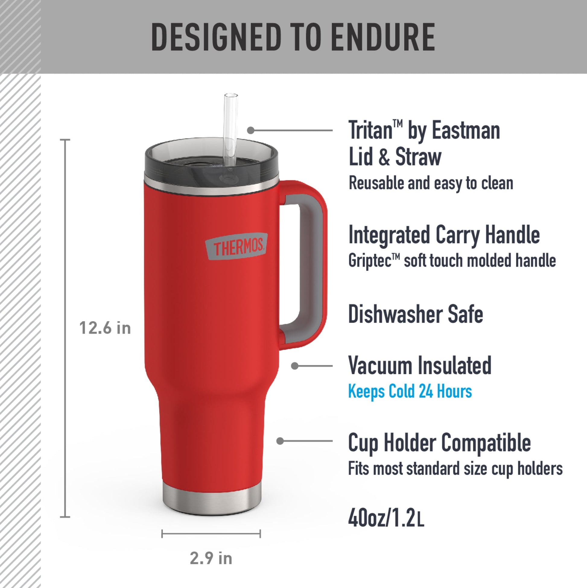 Thermos 40 oz Stainless Steel Cupholder Mug w/ Straw Crimson
