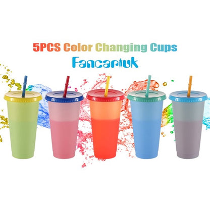 NOGIS Color Changing Cups with Lids 24 oz Reusable Plastic Color Changing Tumblers, Set of 5, BPA FREE