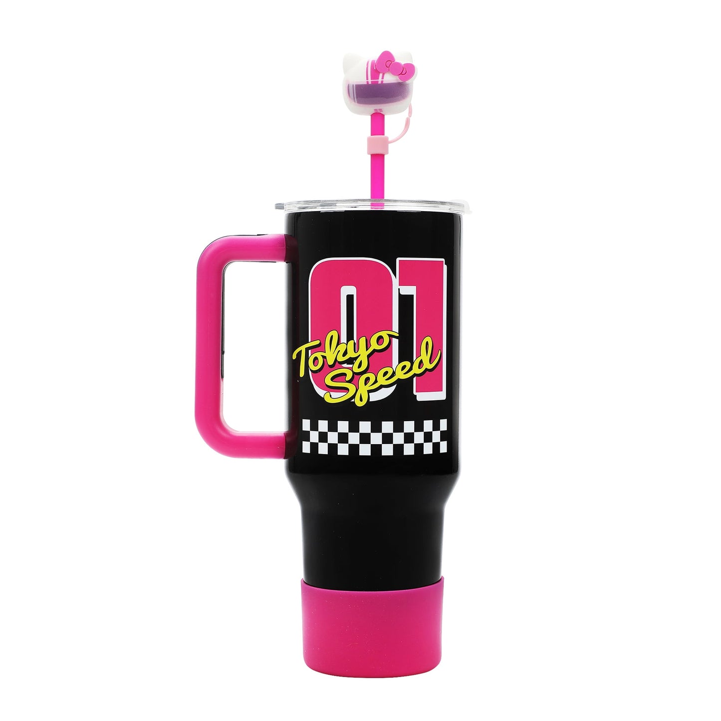 Bioworld Hello Kitty Race Car Vacuum Insulated 40 Oz. Black & Pink Stainless Steel Tumbler with Leak-Proof Lid & Easy Carry Handle for Travel or Home
