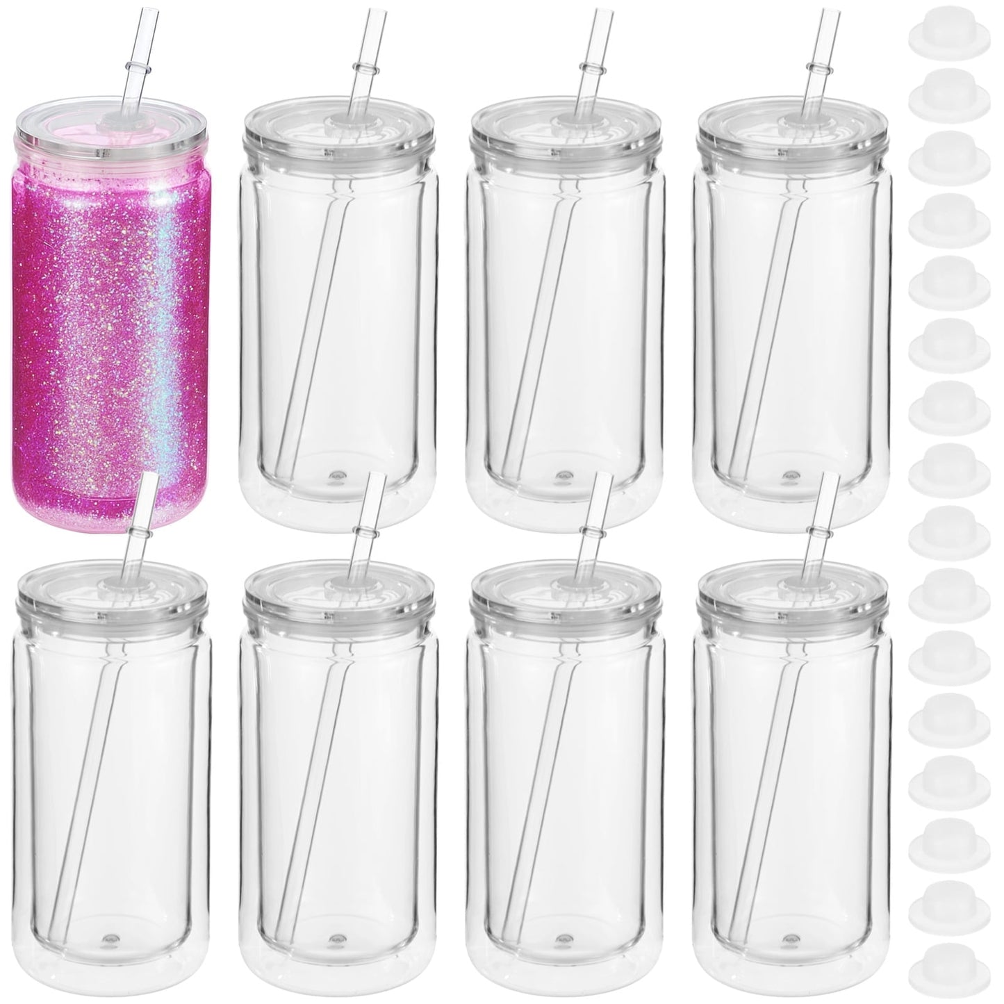 8 Pcs 16 fl oz Plastic Tumblers with Lids and Straws, Double Wall Tumbler with Pre Drilled Hole Bulk Snow Globe Cups, Reusable Mason Cup with Silicone Plugs for Cold Drinks, DIY, Parties