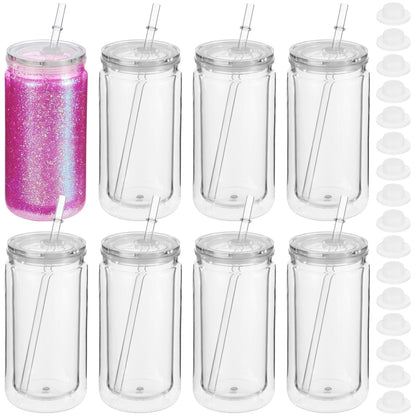 8 Pcs 16 fl oz Plastic Tumblers with Lids and Straws, Double Wall Tumbler with Pre Drilled Hole Bulk Snow Globe Cups, Reusable Mason Cup with Silicone Plugs for Cold Drinks, DIY, Parties