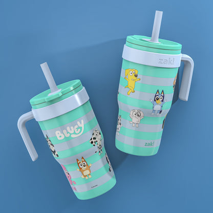 (2 pack) Zak Designs 18oz Bluey Kids Straw Handle Tumbler, Stainless Steel Vacuum Insulated Cruiser Tumbler with Silicone Straw Utilizing Leak-Proof Valve, Stripes