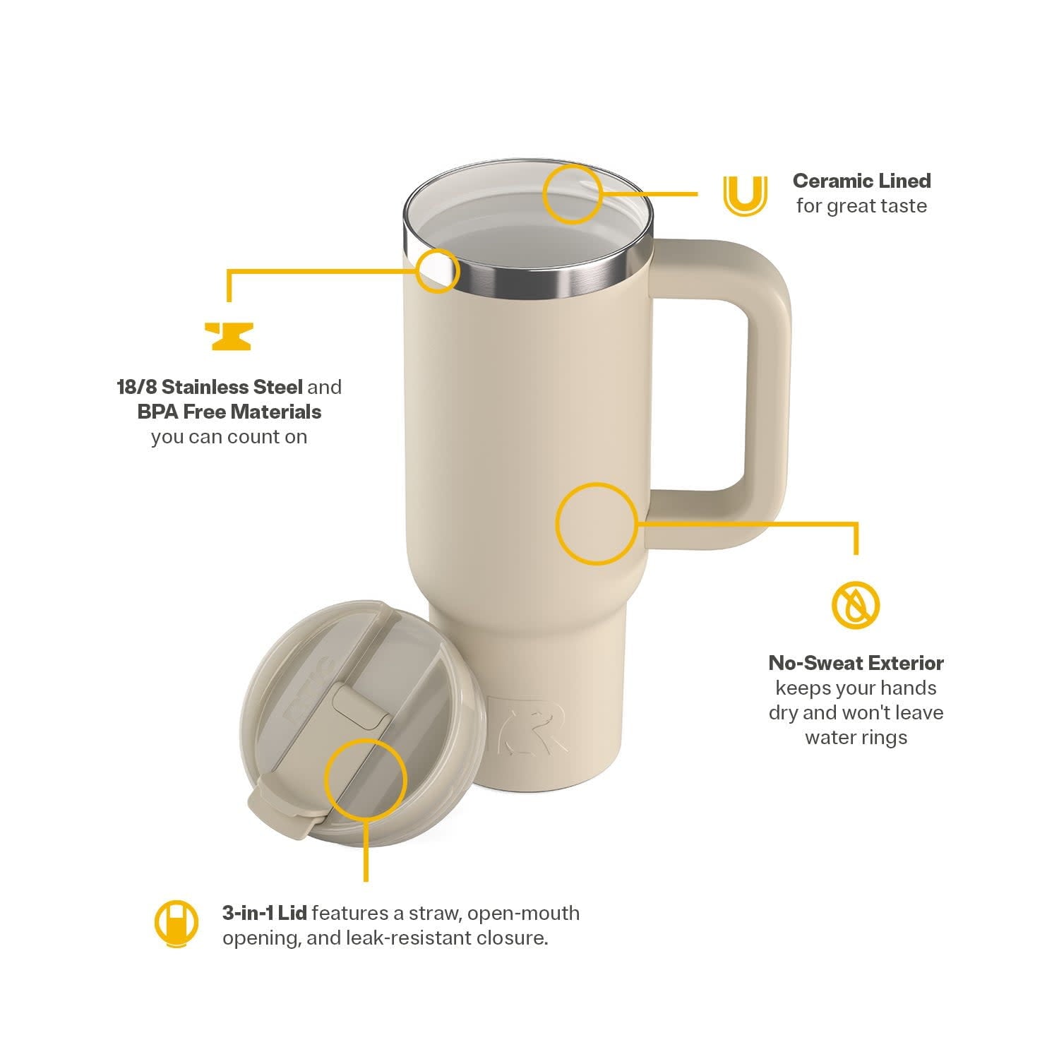 RTIC 30 oz Ceramic Lined Road Trip Tumbler with Handle and Leak-Resistant Straw Lid, Beach