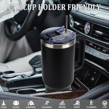 AYAOQIANG 40 oz Tumbler with Handle and Straw Lid Insulated Tumblers Cups with Lids Straws Double Wall Vacuum Leak Proof Stainless Steel 40oz Tumbler Travel Mug Gifts for Men or Women