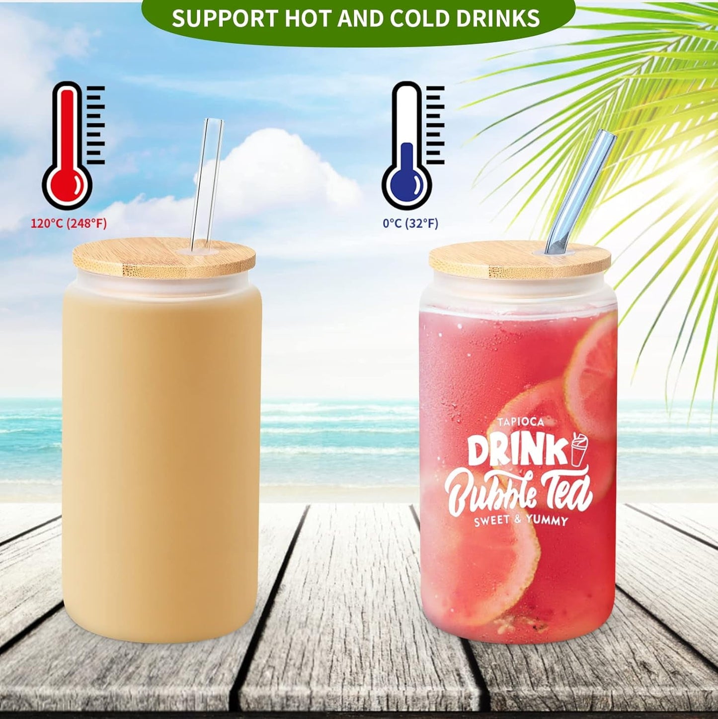 AGH 25 Pack Sublimation Glass Blanks Frosted Cans, 16 OZ Sublimation Tumblers Beer Drinking Cups with Wooden Lid & Plastic Straw, Coffee Cup, Iced Coffee Glasses for Juice, Soda, DIY Gift