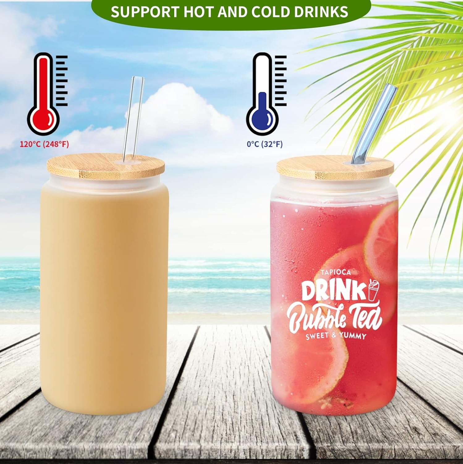 AGH 25 Pack Sublimation Glass Blanks Frosted Cans, 16 OZ Sublimation Tumblers Beer Drinking Cups with Wooden Lid & Plastic Straw, Coffee Cup, Iced Coffee Glasses for Juice, Soda, DIY Gift