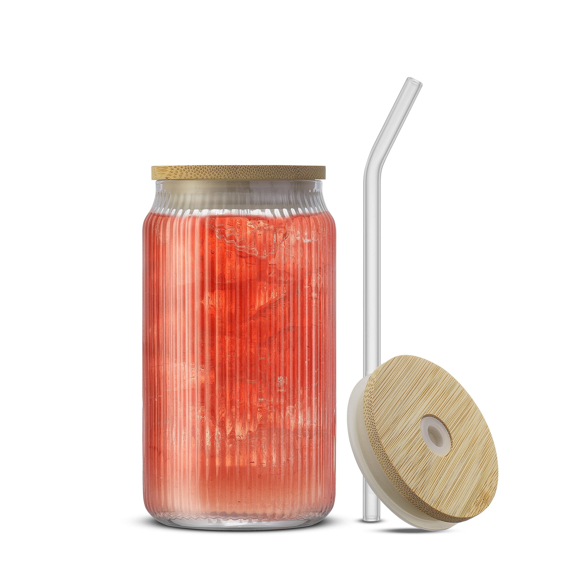 Fluted Glass Tumblers with Bamboo Lids and Straws - 16 oz - Set of 4
