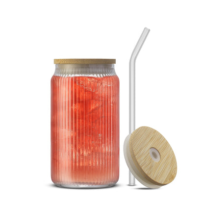 Fluted Glass Tumblers with Bamboo Lids and Straws - 16 oz - Set of 4