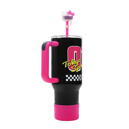 Bioworld Hello Kitty Race Car Vacuum Insulated 40 Oz. Black & Pink Stainless Steel Tumbler with Leak-Proof Lid & Easy Carry Handle for Travel or Home