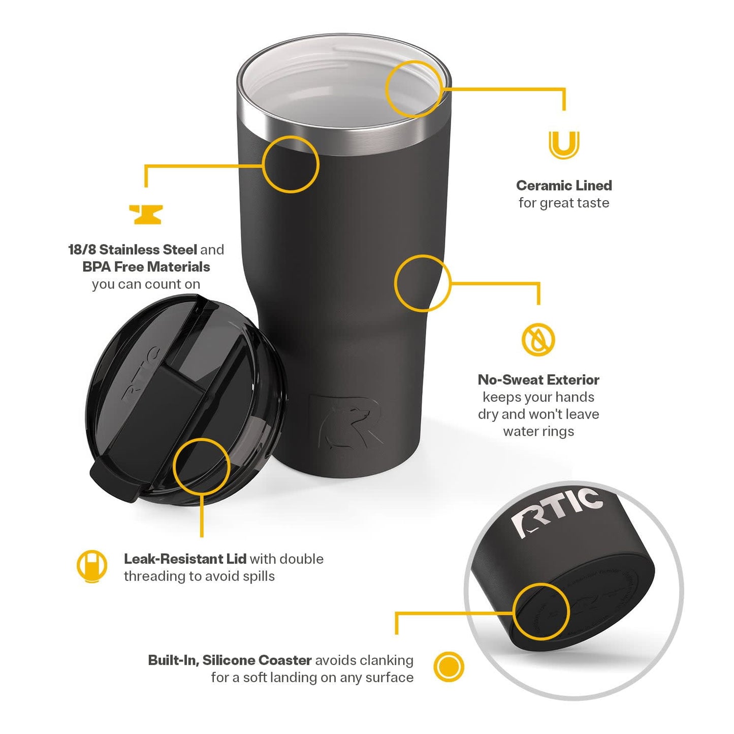 RTIC 30 oz Ceramic Lined Insulated Essential Tumbler, Leak-Resistant Lid, Black