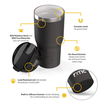 RTIC 30 oz Ceramic Lined Insulated Essential Tumbler, Leak-Resistant Lid, Black