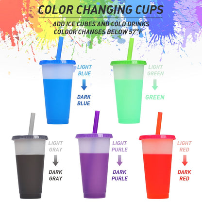 32 oz Unbreakable Color Changing Cups - Set of 5 - Plastic Tumbler Cups with Lids Straws - Perfect for Gifts - BPA Free - Dishwasher Safe - Stackable