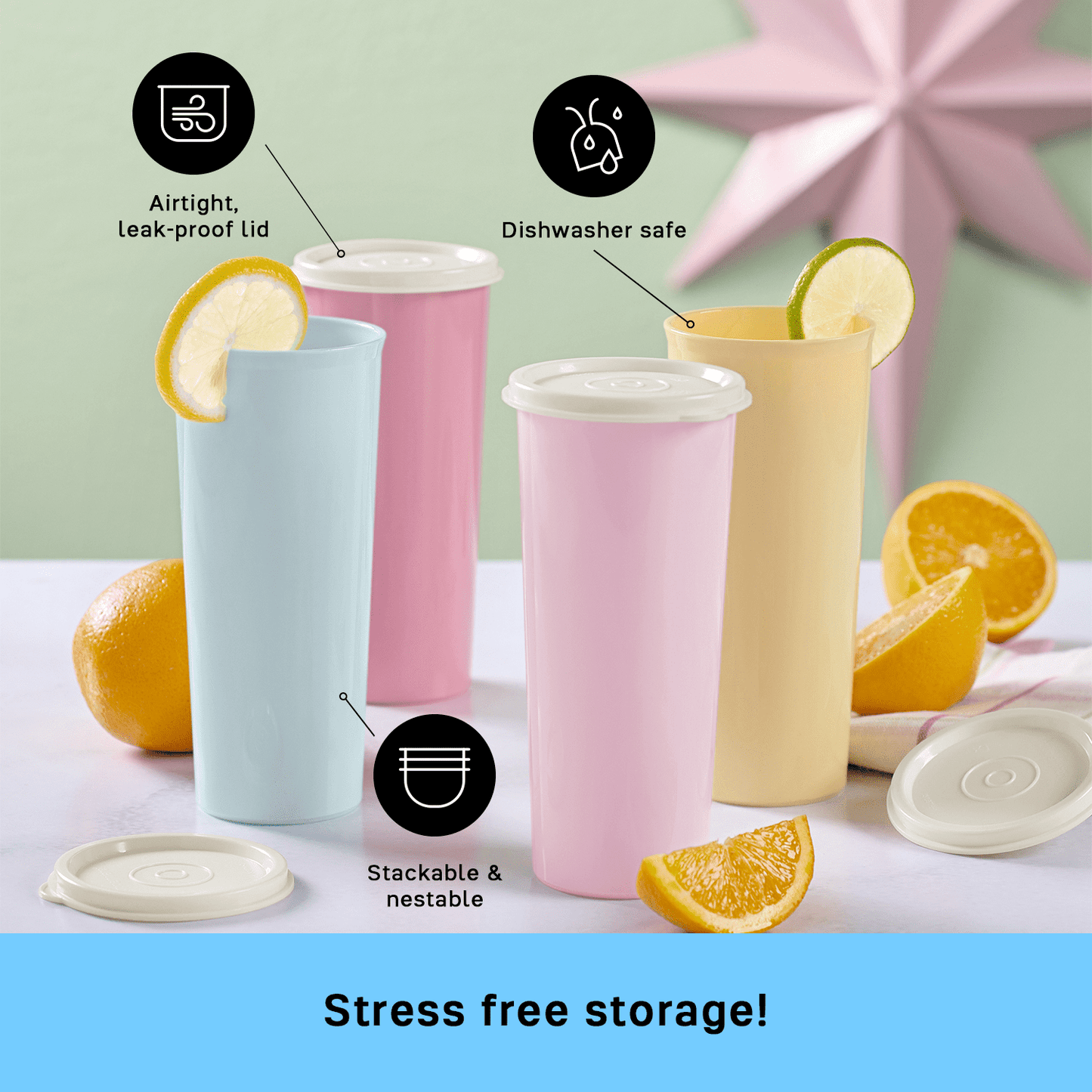 Tupperware 16 oz Plastic Tumbler Set with Lids, Assorted Colors (Set of 12)