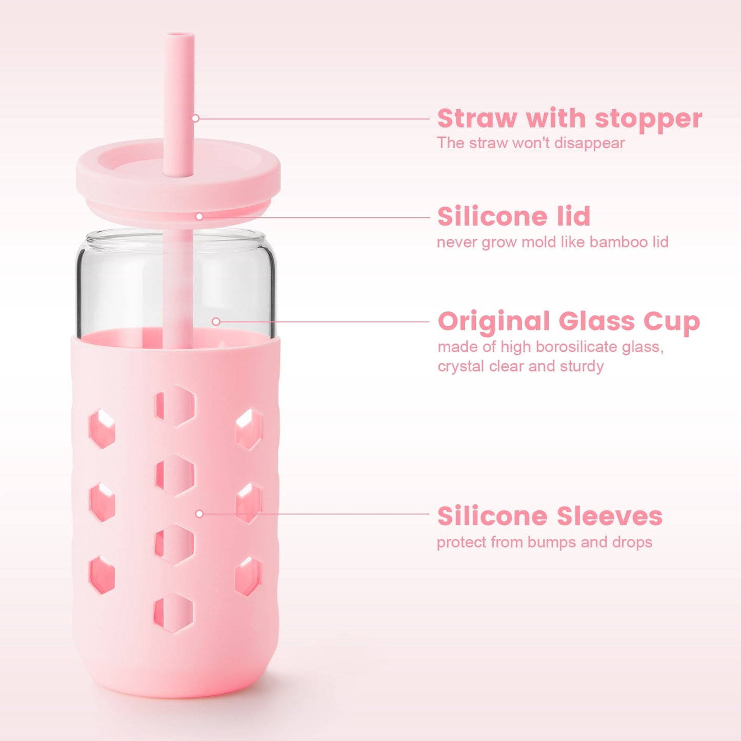 Mrsdry Glass Cups with Silicone Lids and Straws (4 Pcs), 20oz Drinking Glasses Set with Silicone Sleeves for Coffee Bar Accessories Iced Coffee Cups with Lids, Glass Tumbler Reusable for Gifts