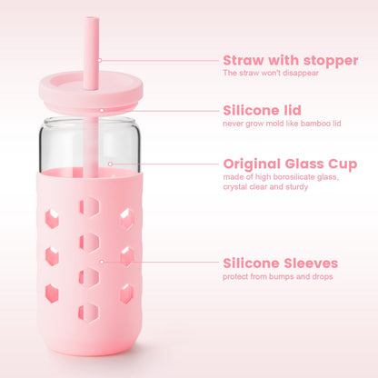 Mrsdry Glass Cups with Silicone Lids and Straws (4 Pcs), 20oz Drinking Glasses Set with Silicone Sleeves for Coffee Bar Accessories Iced Coffee Cups with Lids, Glass Tumbler Reusable for Gifts