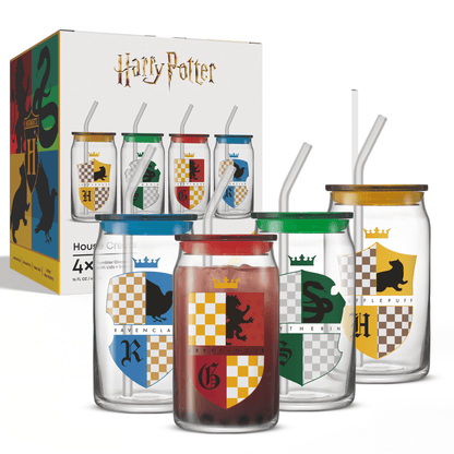 Harry Potter House Crests Tumbler Glasses with Lids, 16-Ounce, Set of 4
