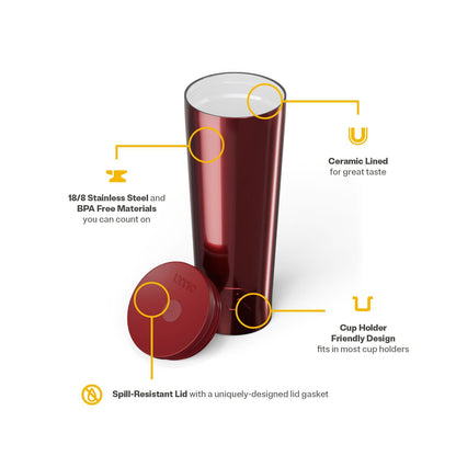 RTIC 28 oz Ceramic Lined Everyday Tumbler, Spill-Resistant Straw Lid, Black Cherry Metallic