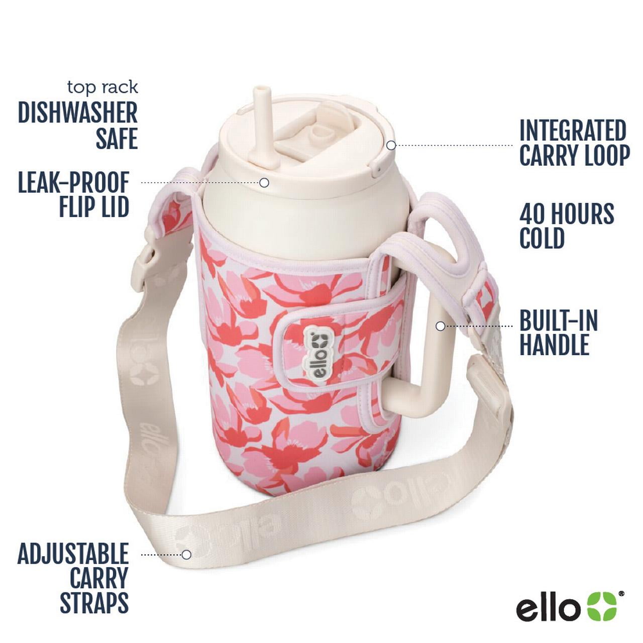 Ello Ultra Clean 64oz Stainless Steel Tumbler with Bottle Bag Sling, Pink Florals