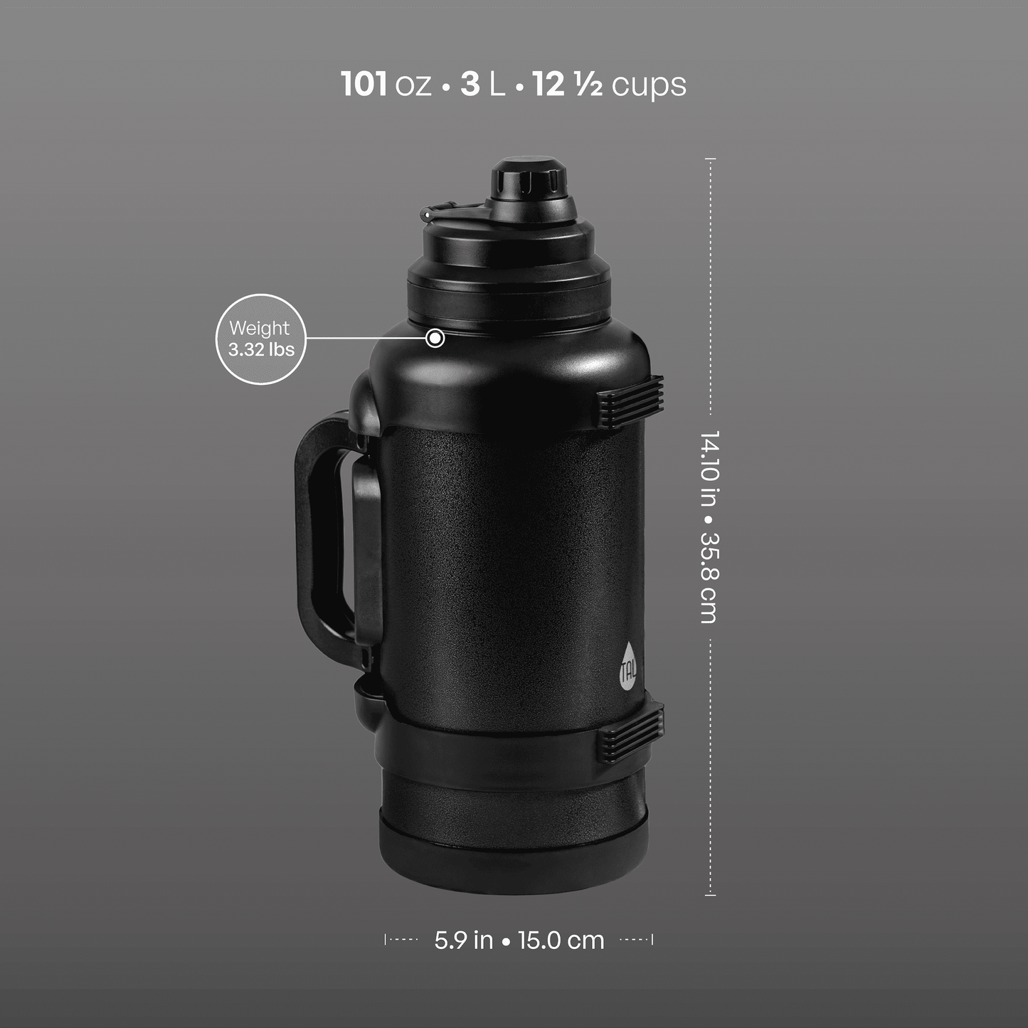 TAL 3 Liter Stainless Steel Zeus Black Water Bottle with Leak-Proof Lid