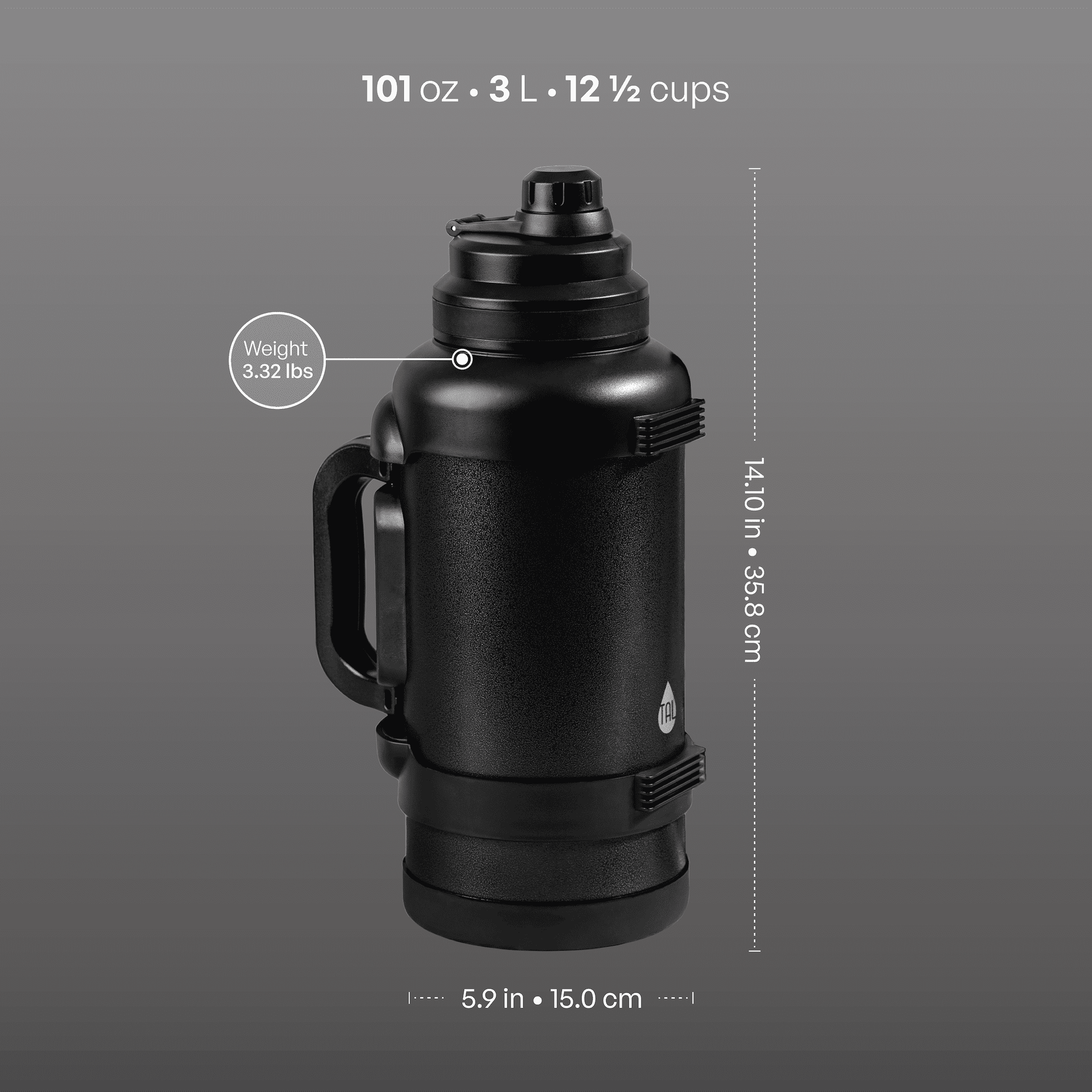TAL 3 Liter Stainless Steel Zeus Black Water Bottle with Leak-Proof Lid