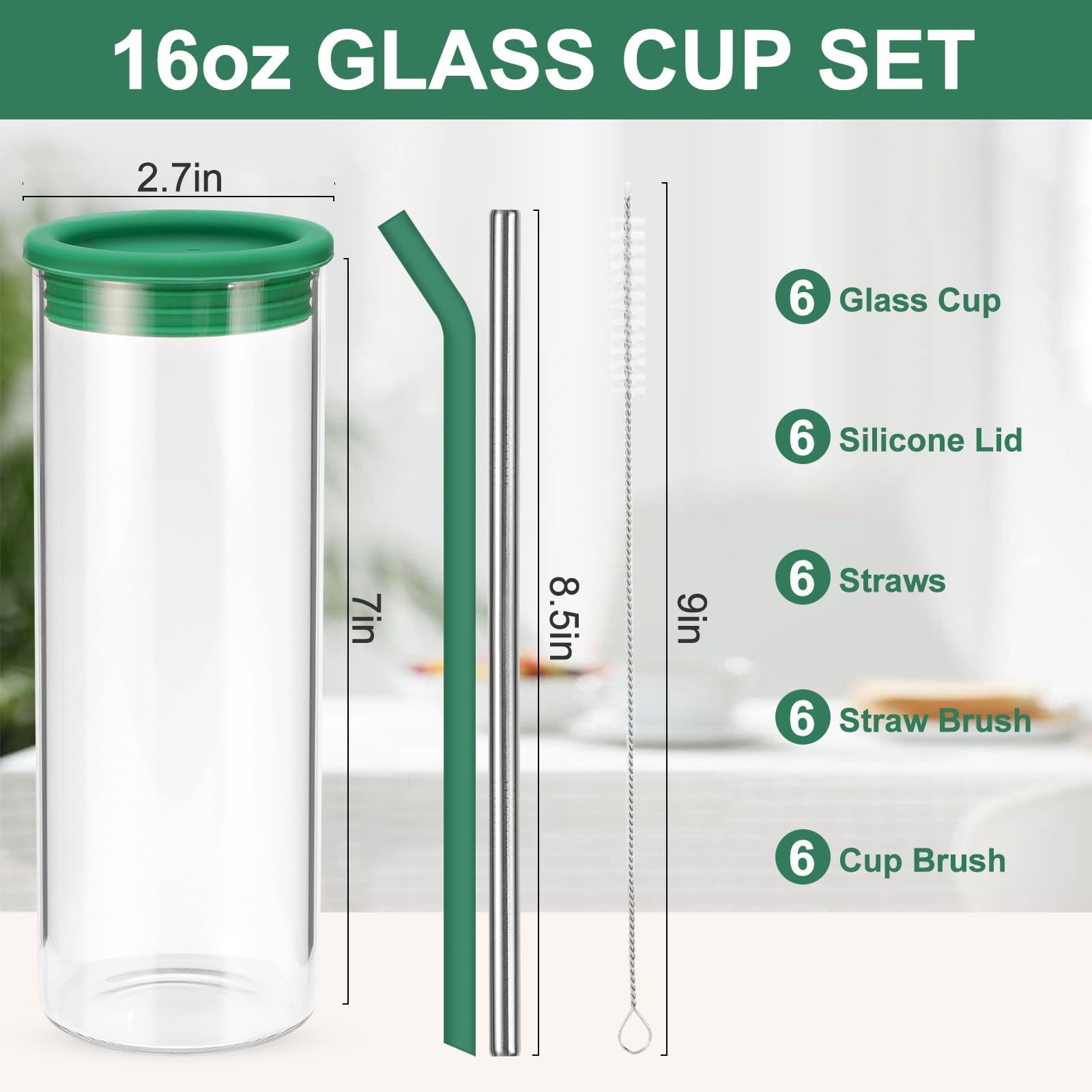 6 Pack Drinking Glasses with Silicone Lids and Glass Straw, 16 Oz  Ice Coffee Glass Cups, Smoothie Cups, Cute Tumbler Cup Great for Beer Water Outdoors(Include 6 Cleaning Brushes)