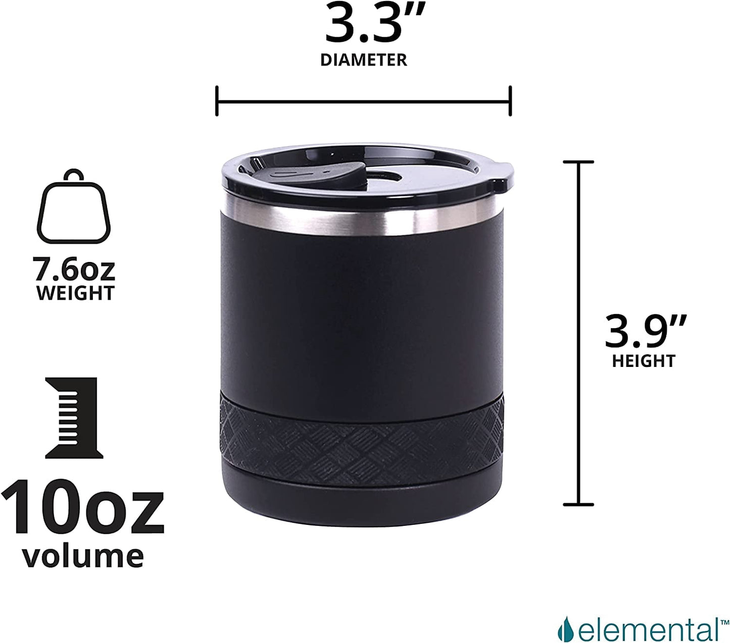 Elemental Recess Lowball Tumbler Set of 2, 10oz Triple Wall Stainless Steel Cup with Non-Shattered Tritan Lid, Insulated Whiskey Glass, Insulated Coffee Tumbler Mug for Hot & Cold Drinks - Black