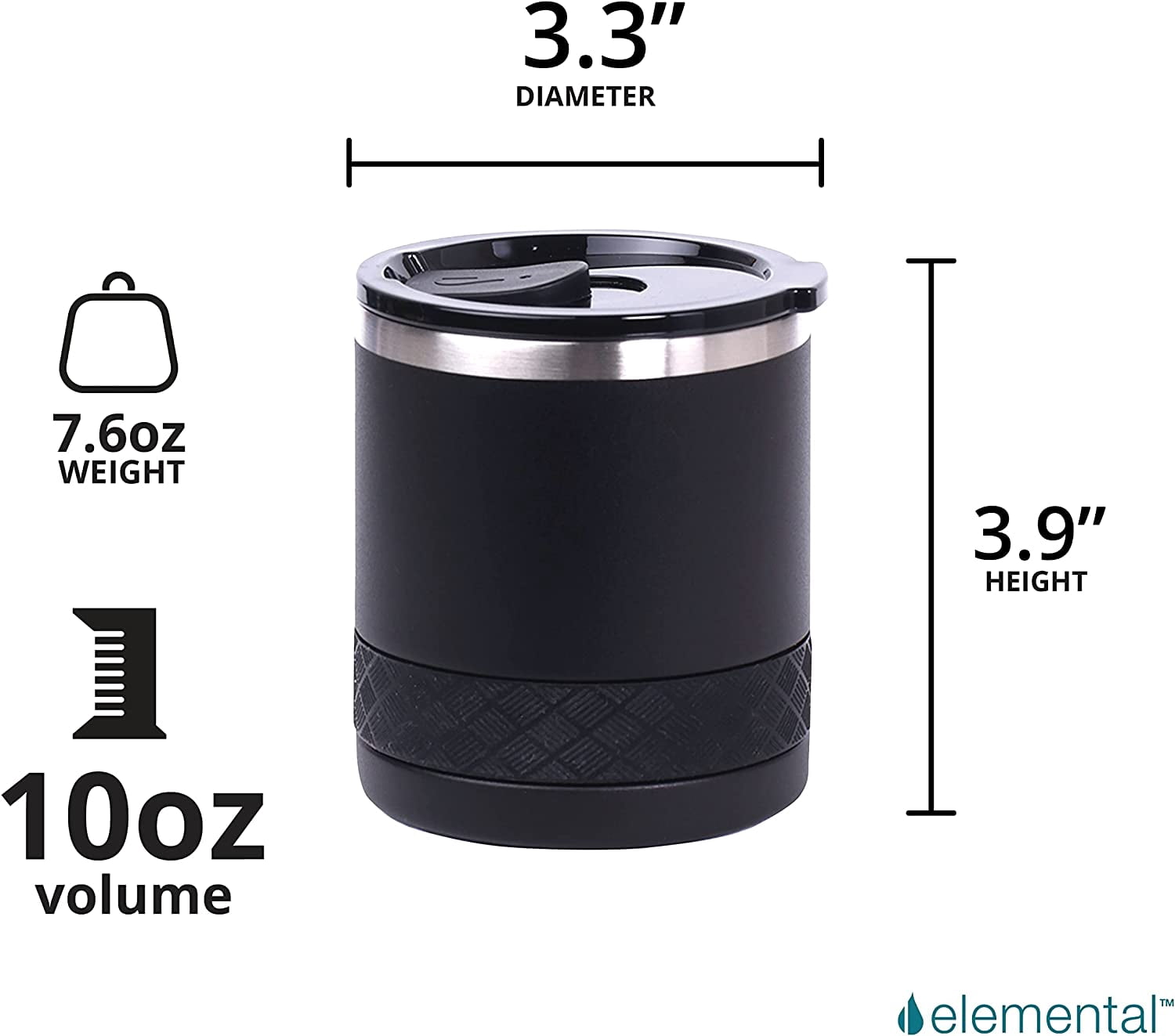 Elemental Recess Lowball Tumbler Set of 2, 10oz Triple Wall Stainless Steel Cup with Non-Shattered Tritan Lid, Insulated Whiskey Glass, Insulated Coffee Tumbler Mug for Hot & Cold Drinks - Black