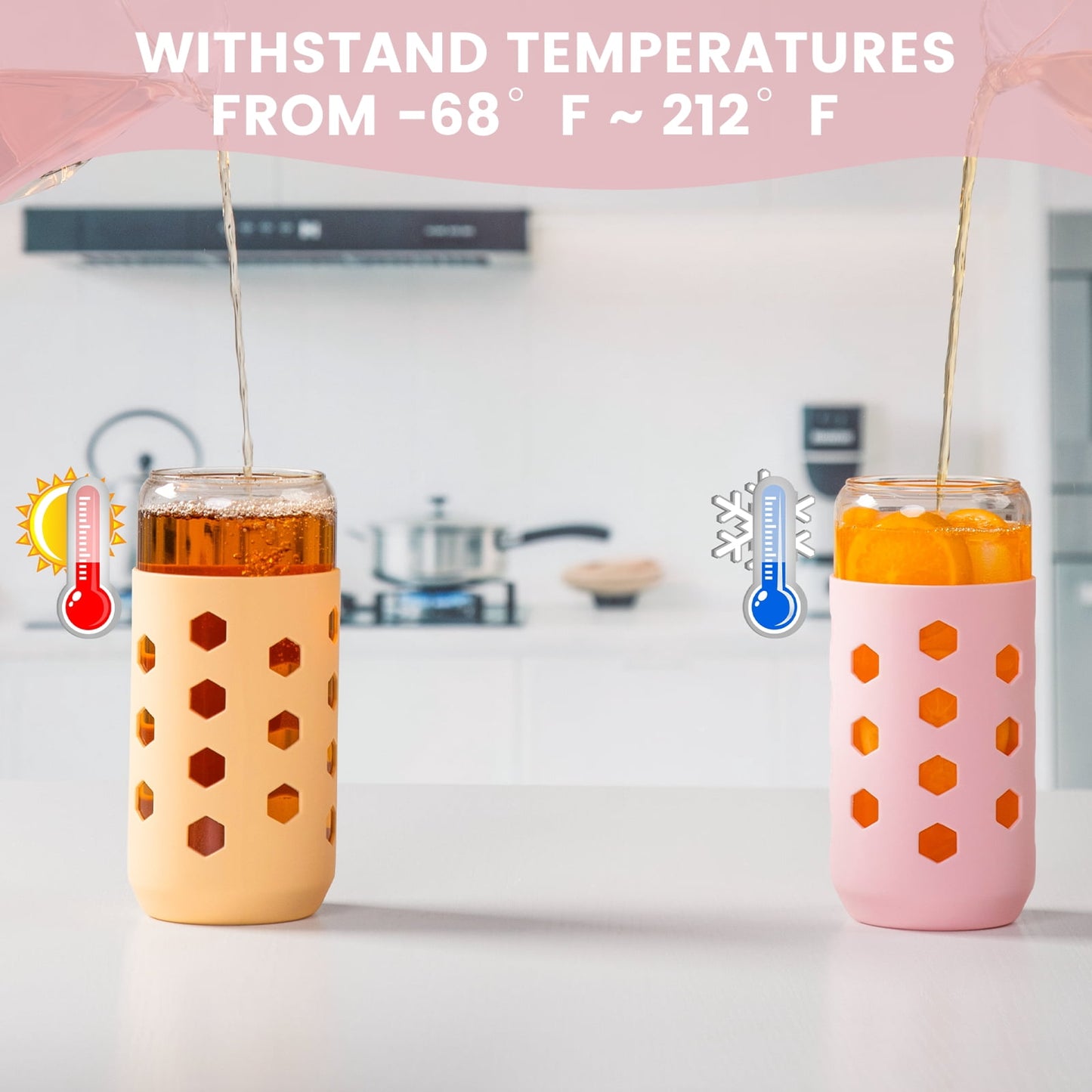 Mrsdry Glass Cups with Silicone Lids and Straws (4 Pcs), 20oz Drinking Glasses Set with Silicone Sleeves for Coffee Bar Accessories Iced Coffee Cups with Lids, Glass Tumbler Reusable for Gifts