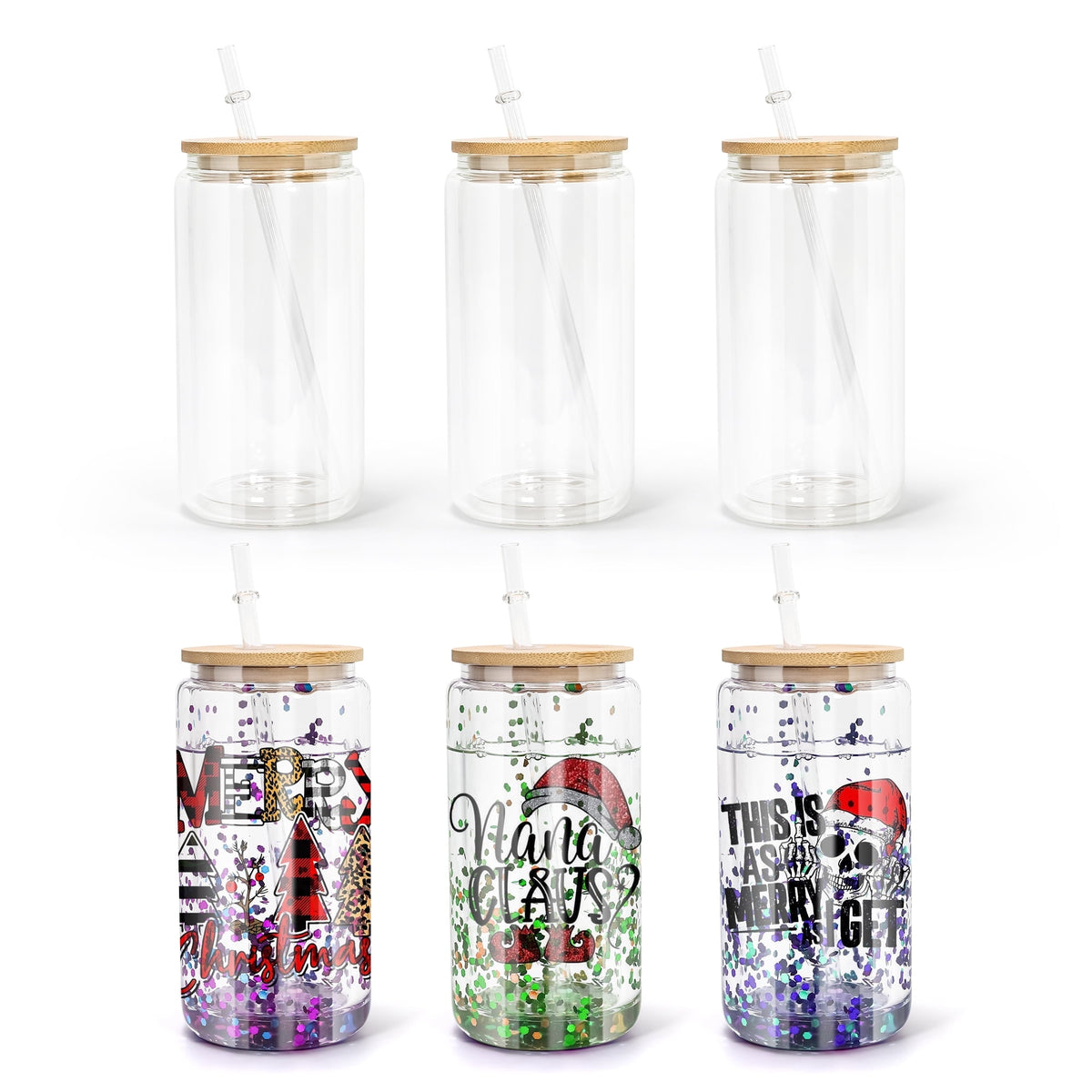 AGH 16oz Sublimation Snow Globe Glass Can Shaped Tumblers with Bamboo Lids and Straws - 25 Pack, Duble Wall Blank Beer Can Clear Glass Ice Coffee Cups with Pre Drilled Hole for Snow Globe DIY
